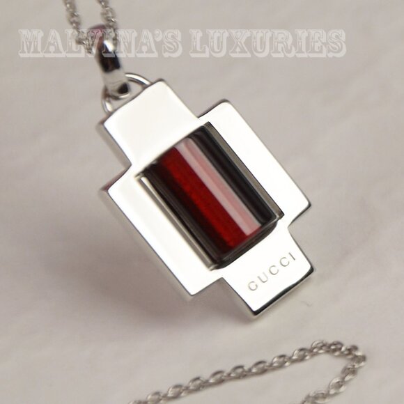 GUCCI NECKLACE GARNET CROSS LOGO PENDANT STERLING SILVER CHAIN 354930 - Picture 4 of 6